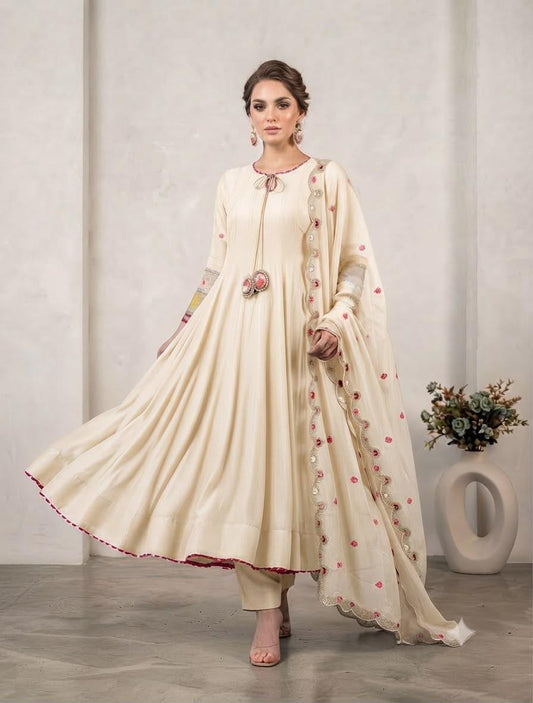 Mul Chanderi Anarkali with Hand Work Sleeves & Embroidered Dupatta | POONAMIKA