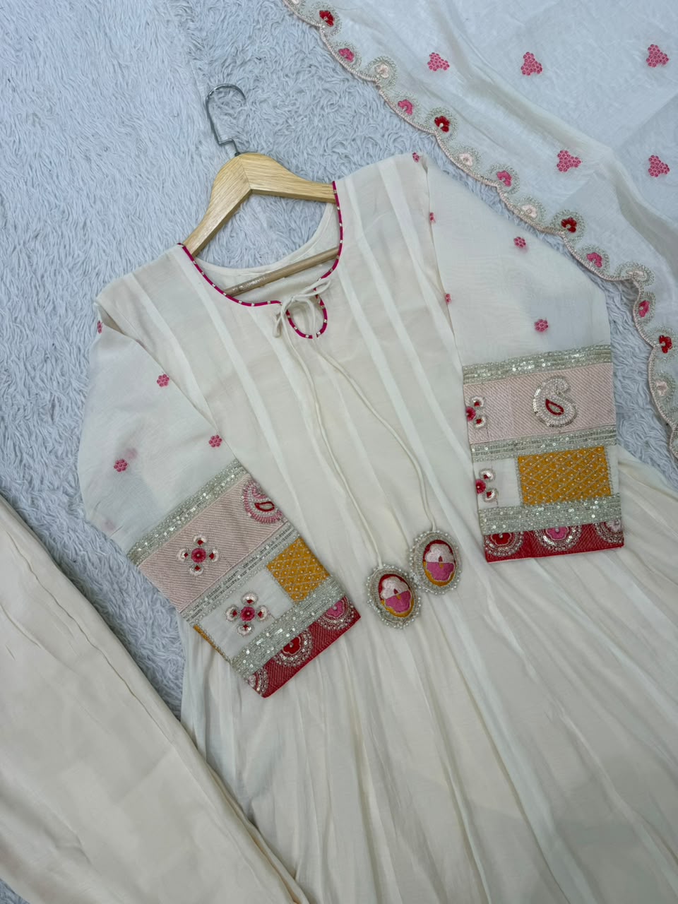 Mul Chanderi Anarkali with Hand Work Sleeves & Embroidered Dupatta | POONAMIKA